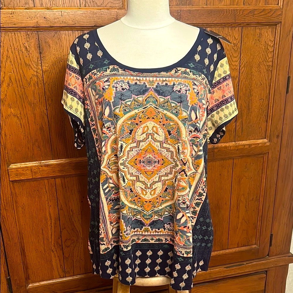 LUCKY🍀BRAND⭐️NWT Bohemian Graphic Blue & Orange Short Sleeve Top Size 1X